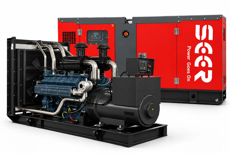 750–1,250 kVA open diesel generator with SEER sound-attenuated enclosure