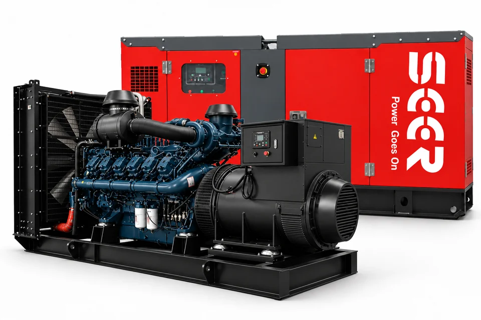 1,250–1,875 kVA open diesel generator with SEER sound-attenuated enclosure