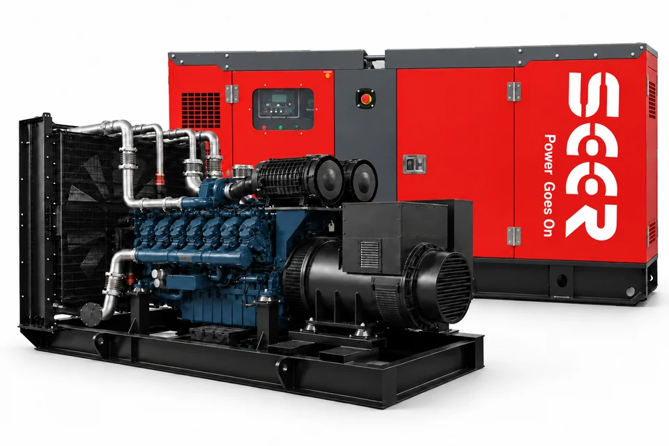 1,875+ kVA open diesel generator with SEER sound-attenuated enclosure