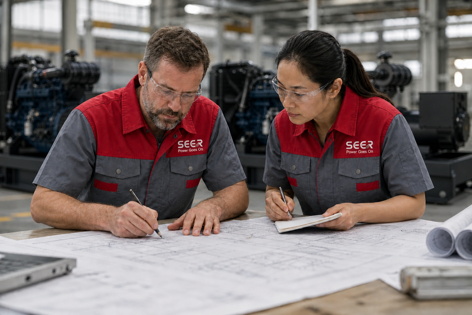 Engineers reviewing a technical drawing at a factory planning table