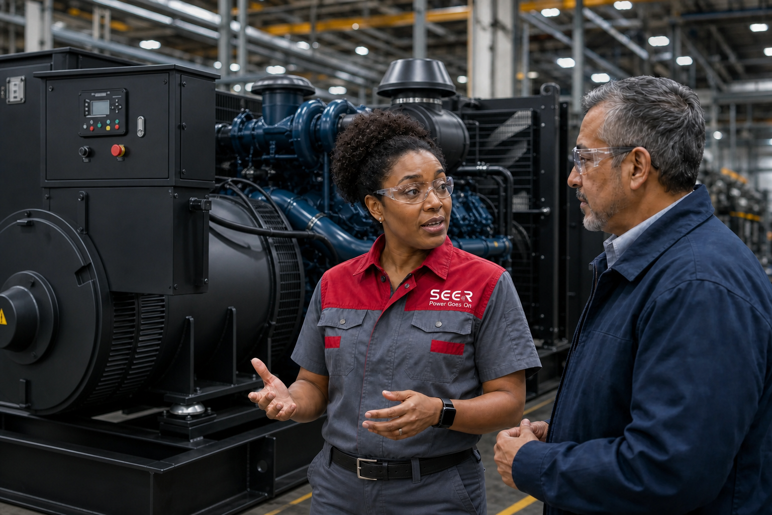 Project engineer and market partner discussing a configured power system