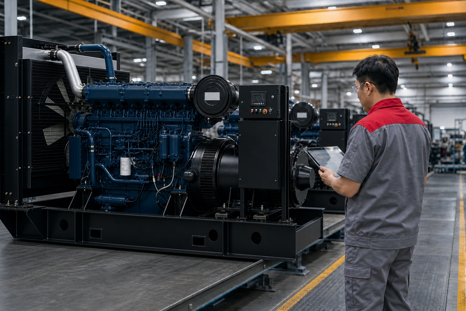 Technician inspecting a production line of open industrial generator sets