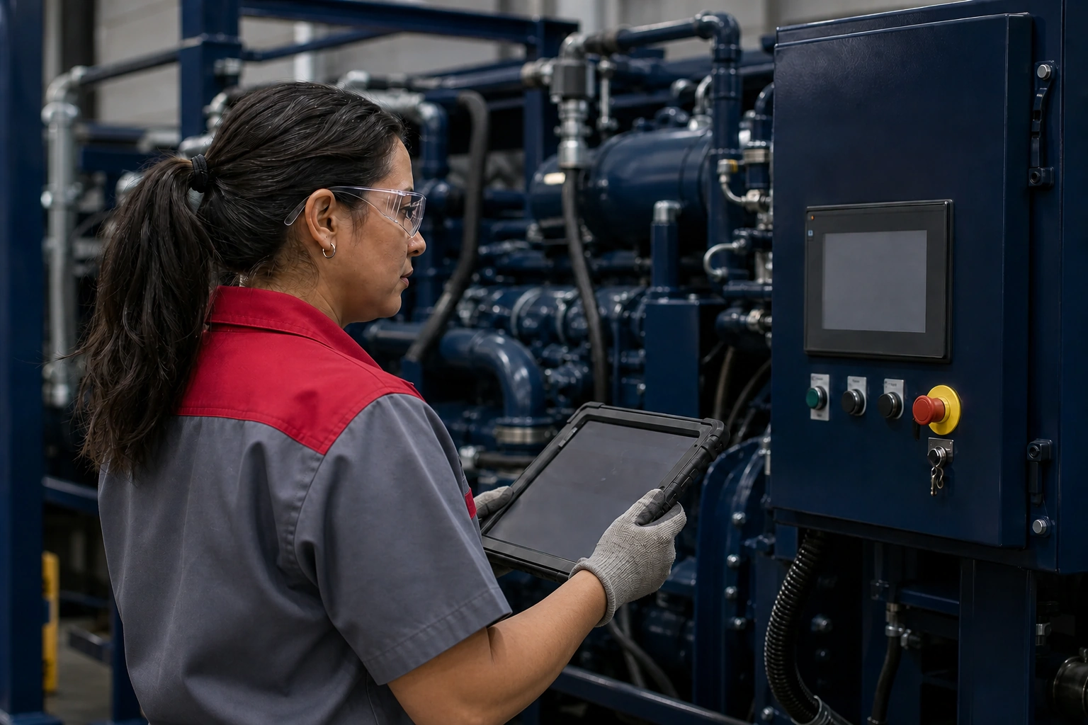 Technician checking a power-system control panel with a tablet