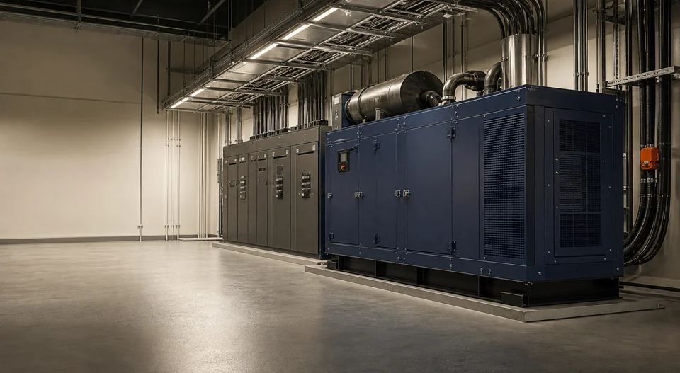 Two white sound-attenuated generator enclosures in a factory hall