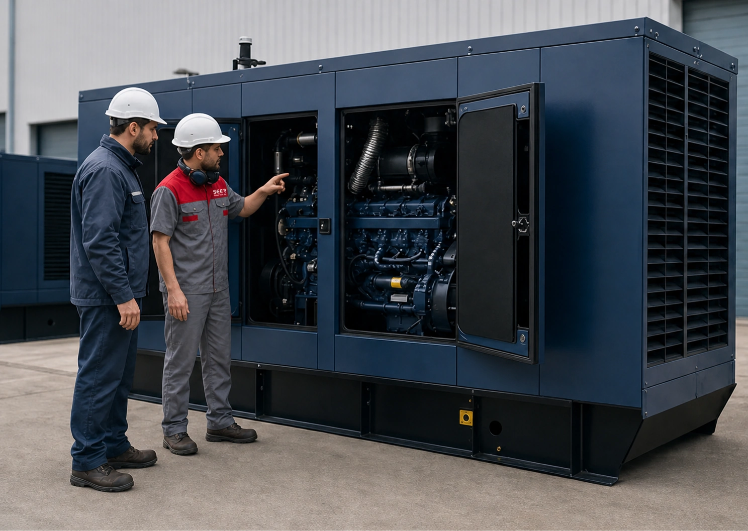 Factory and partner reviewing a generator project award