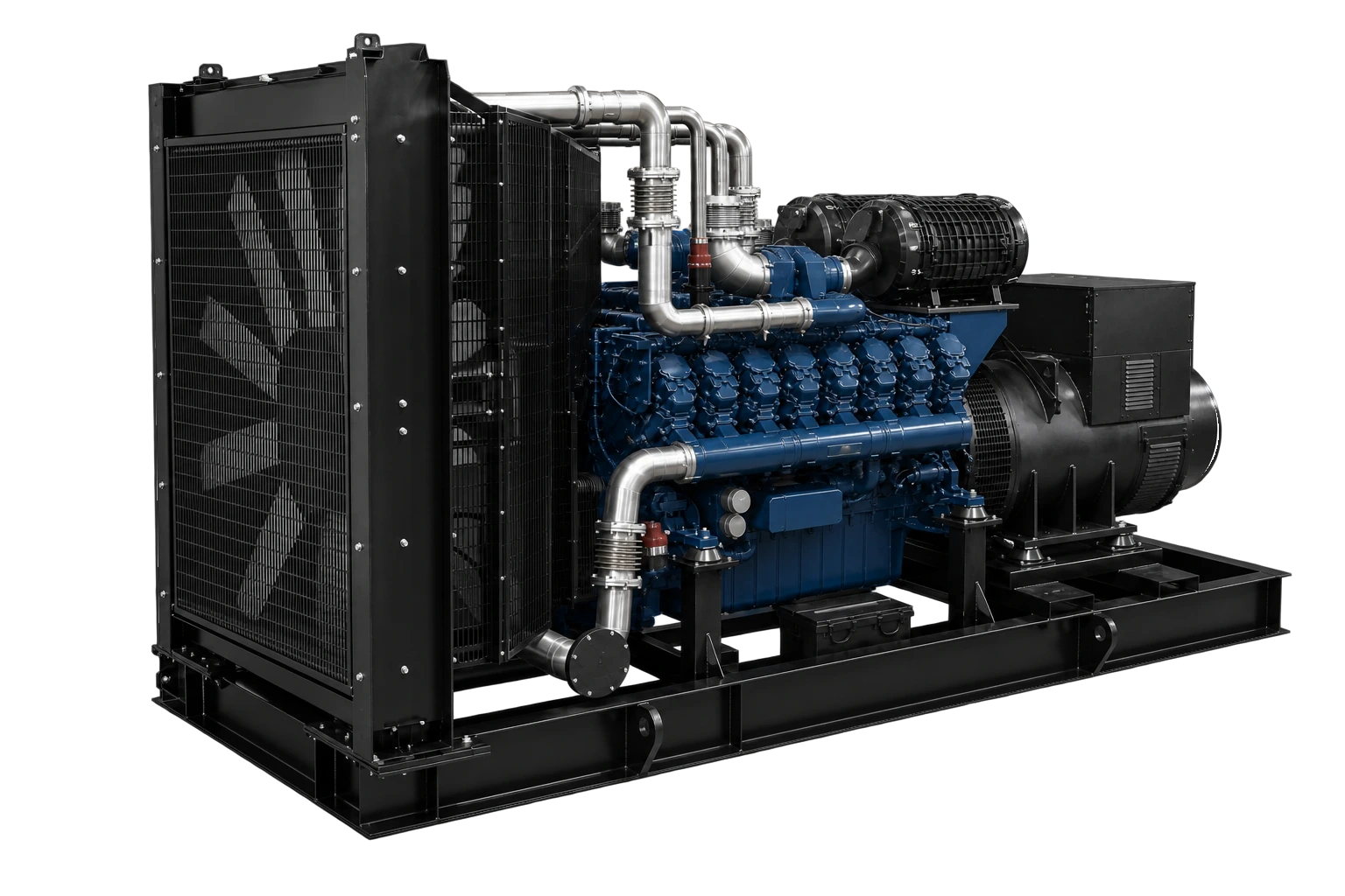 1,875+ kVA open diesel generator set from the radiator end