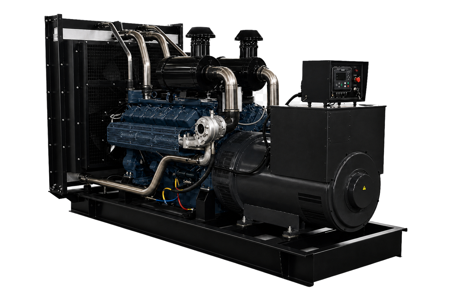 750–1,250 kVA open diesel generator set, alternator and engine detail