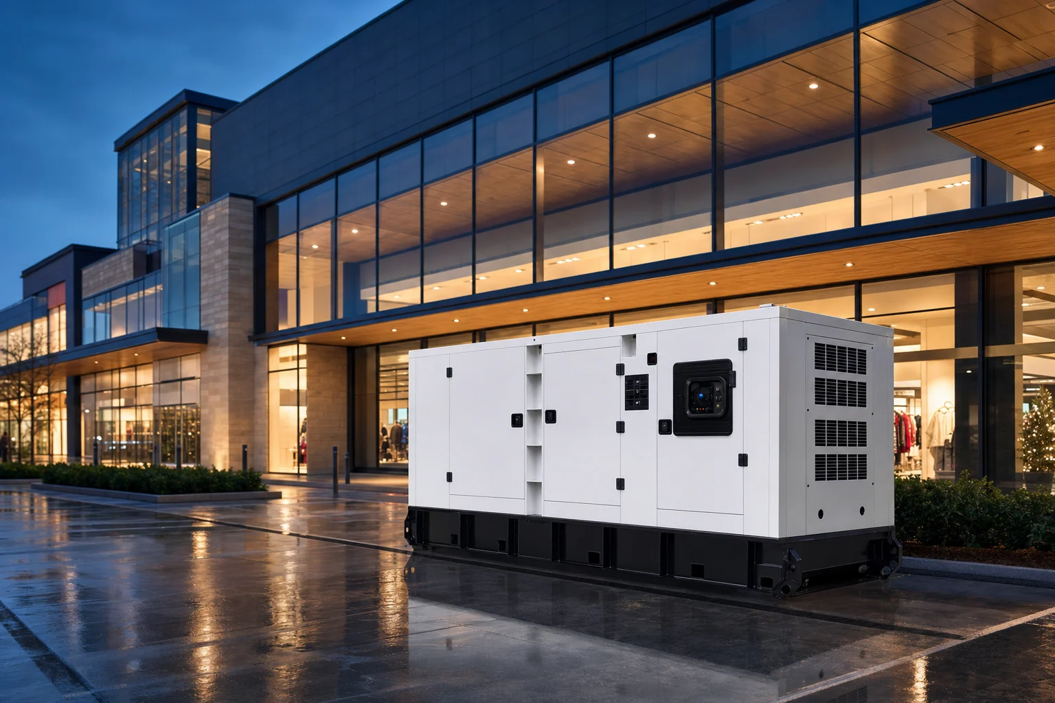 Sound-attenuated diesel generator set outside a modern retail building