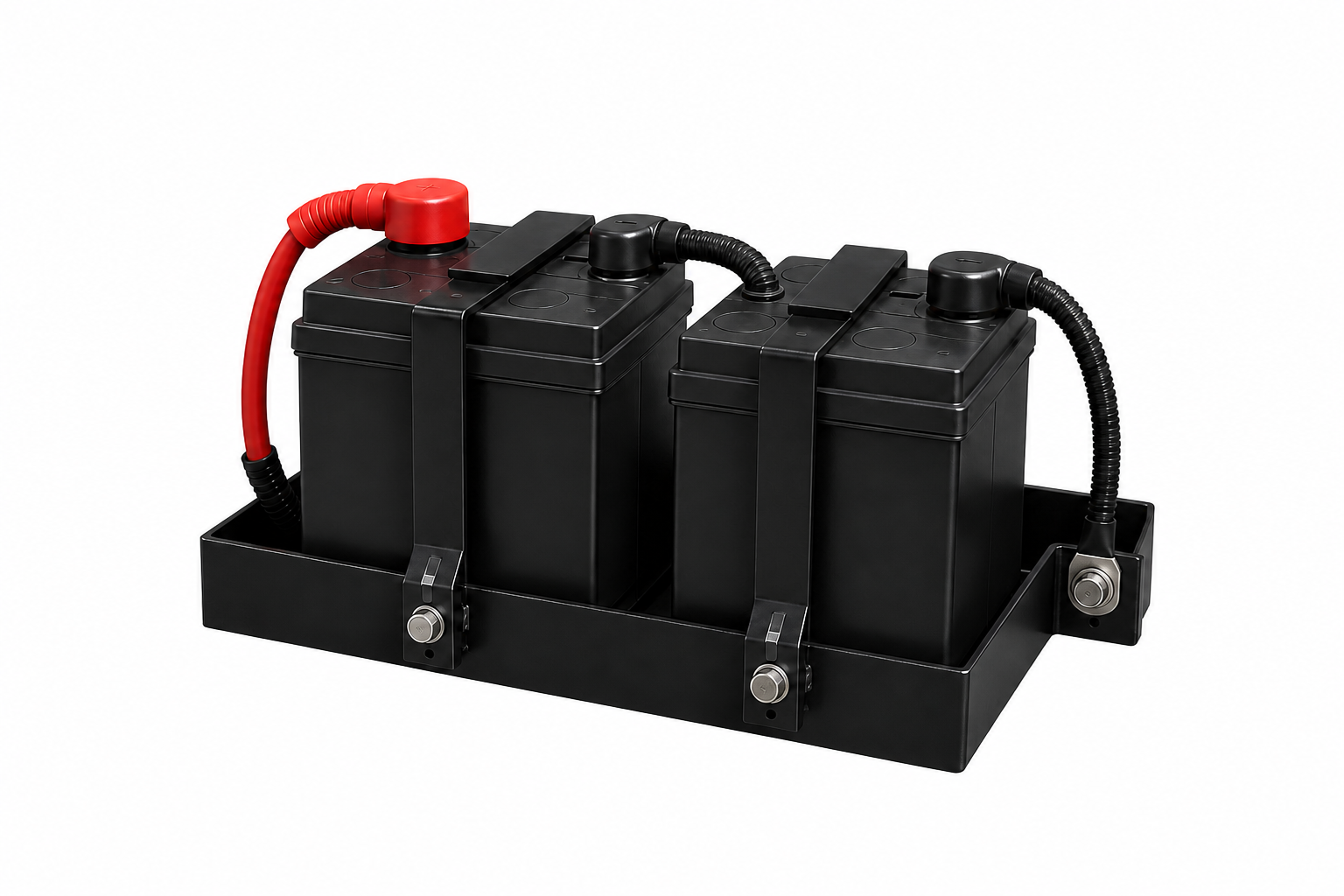 Twin industrial starting batteries secured in a steel tray with protected cable connections