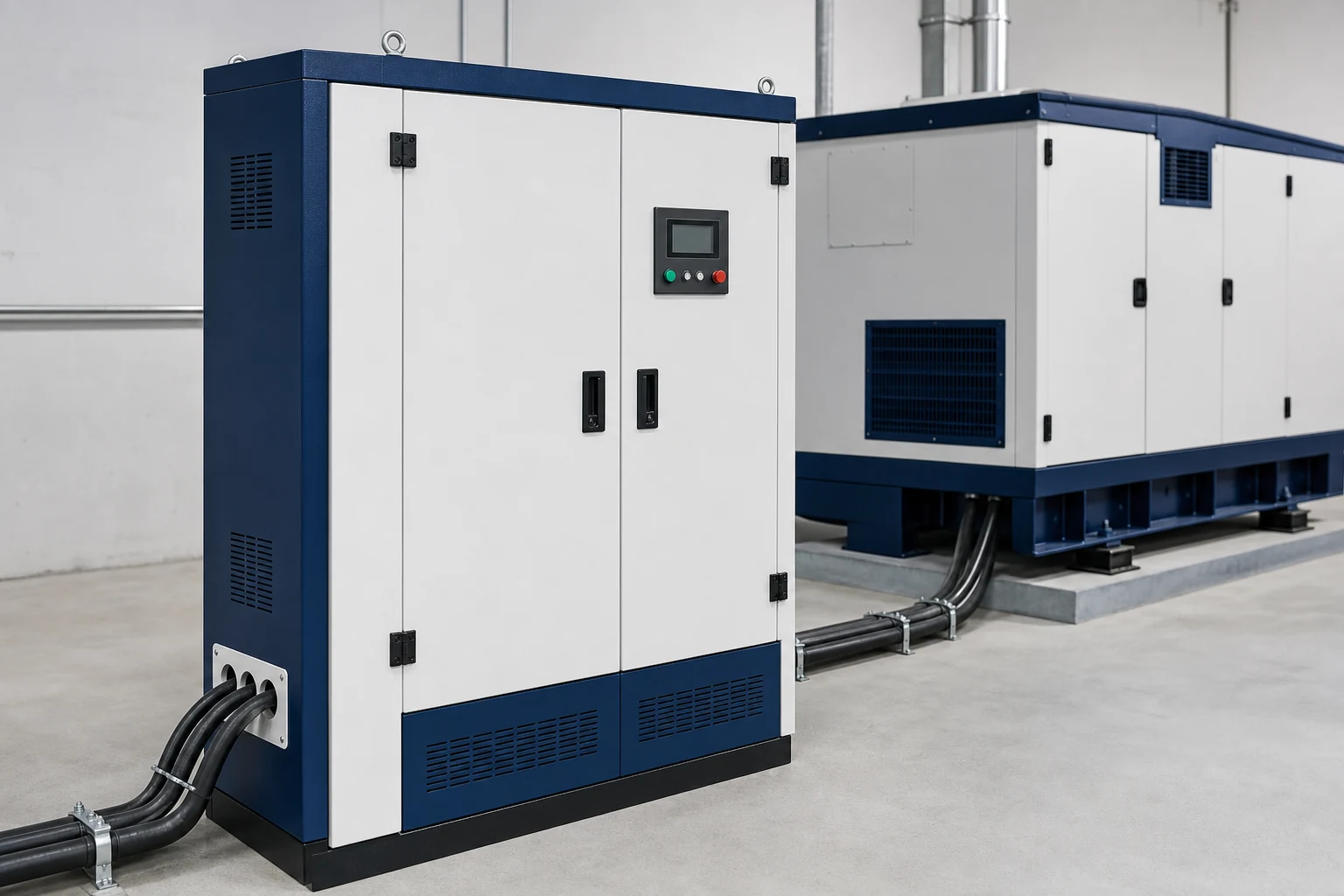 Illustrative automatic transfer switch cabinet beside a diesel generator