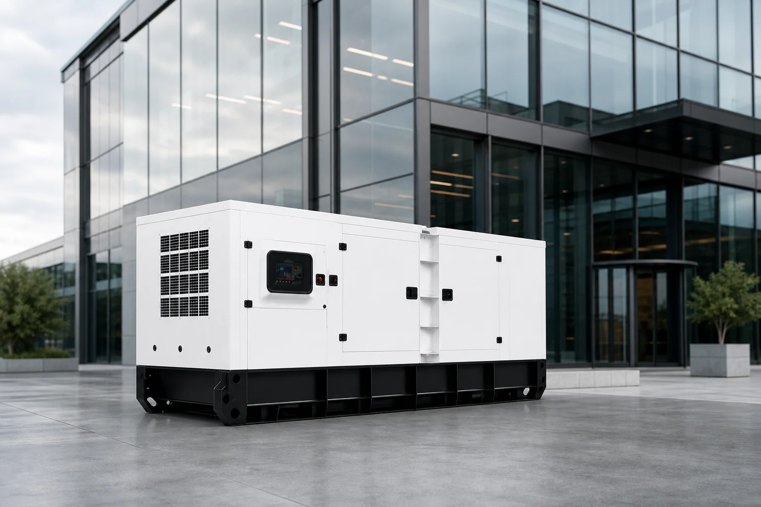 White sound-attenuated diesel generator enclosure with service doors