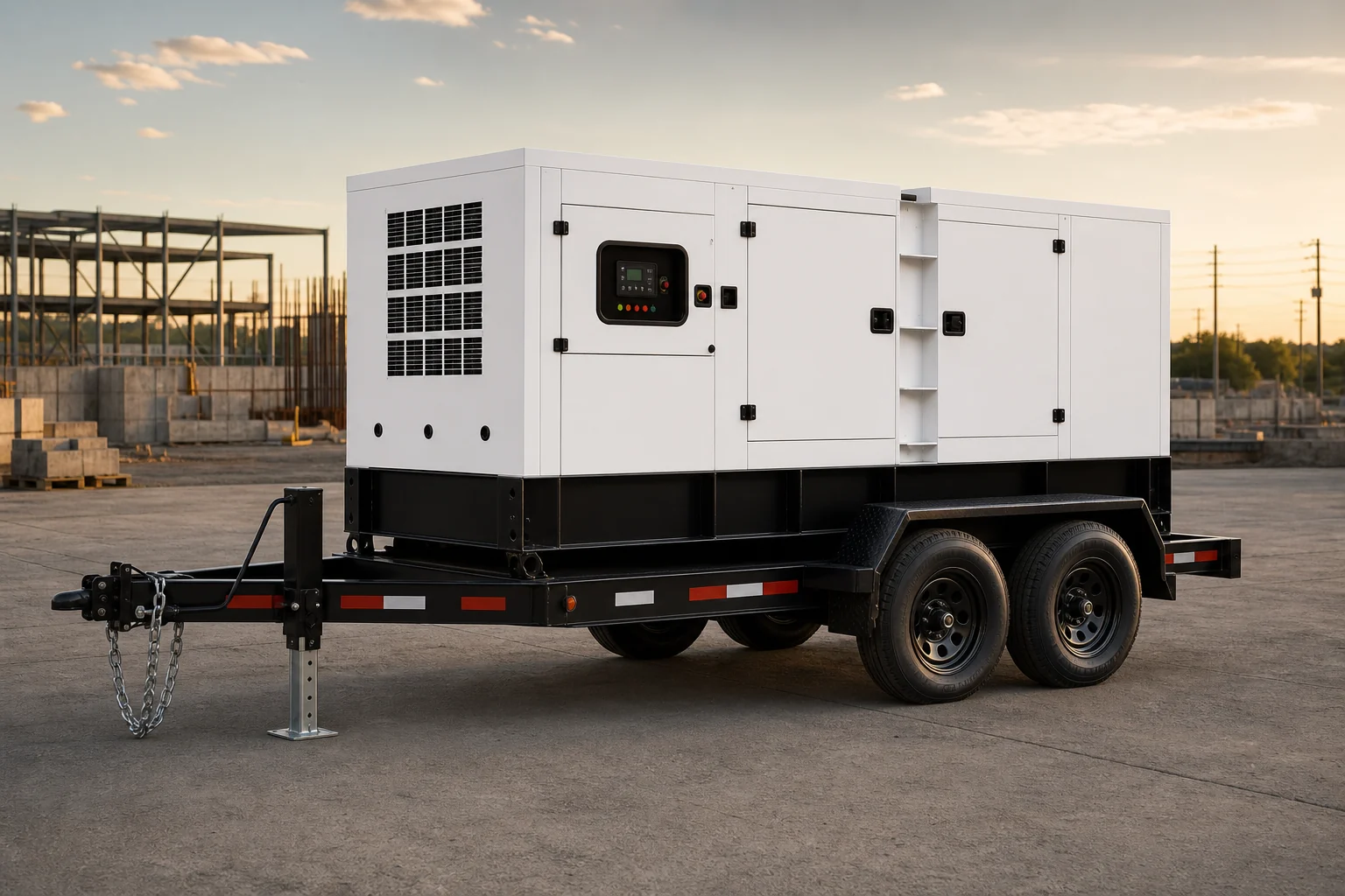 Trailer-mounted diesel generator set with wheels, tow bar and support leg