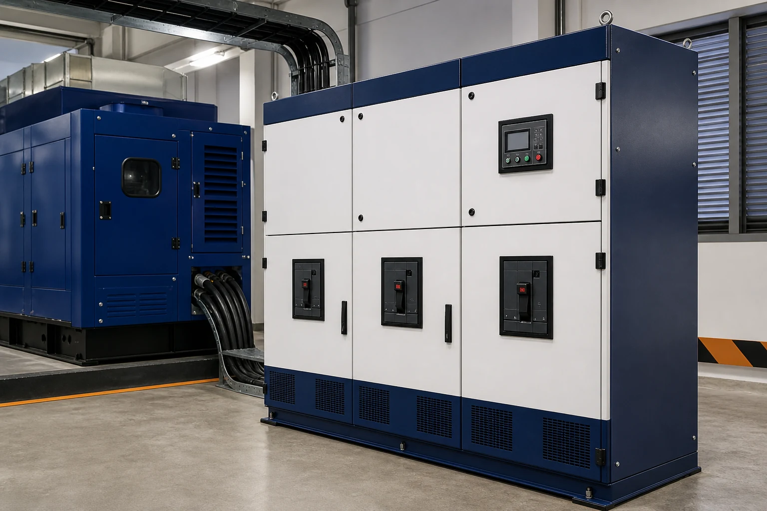 Illustrative generator output switchgear cabinet beside a diesel generator