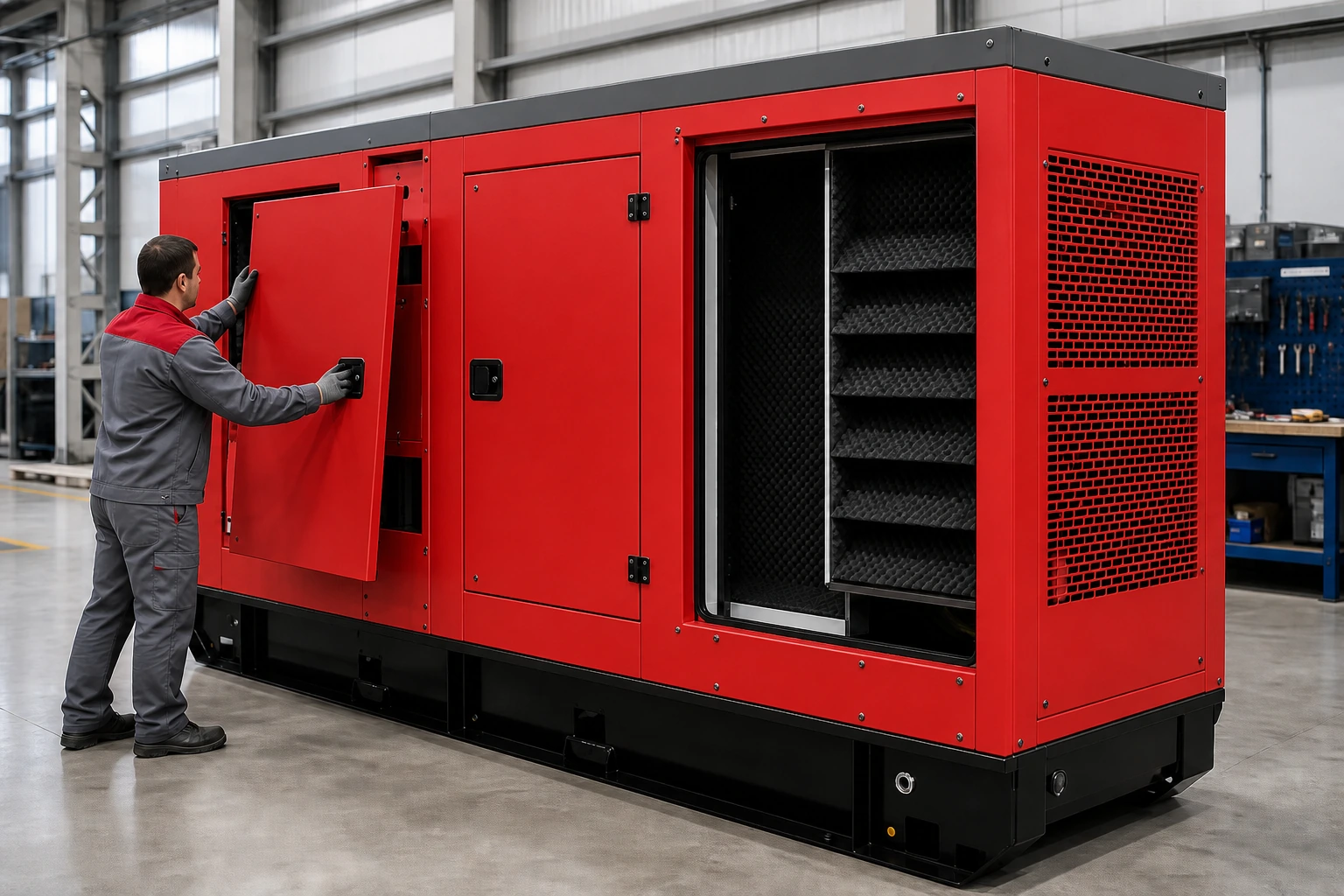 Illustrative red sound-attenuated enclosure panel assembly in an industrial workshop