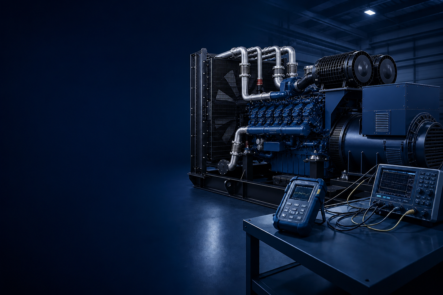 Technician inspecting a generator set in a clean production facility