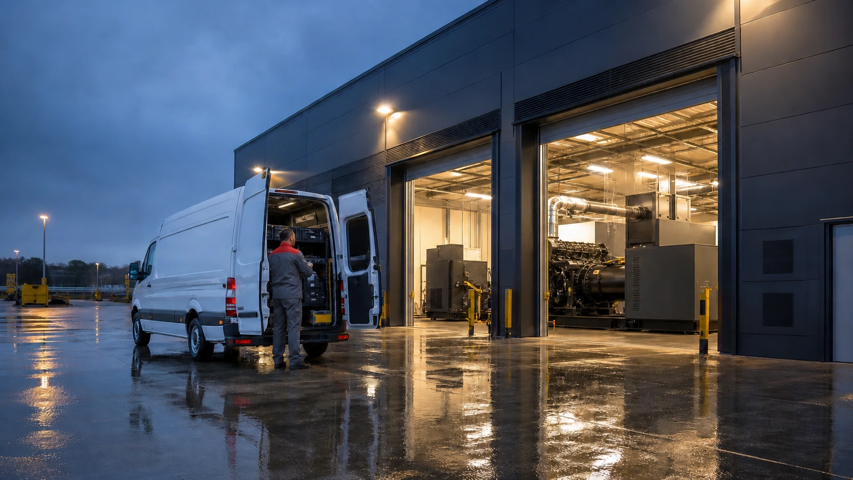 Service technician preparing a support vehicle outside a generator service centre