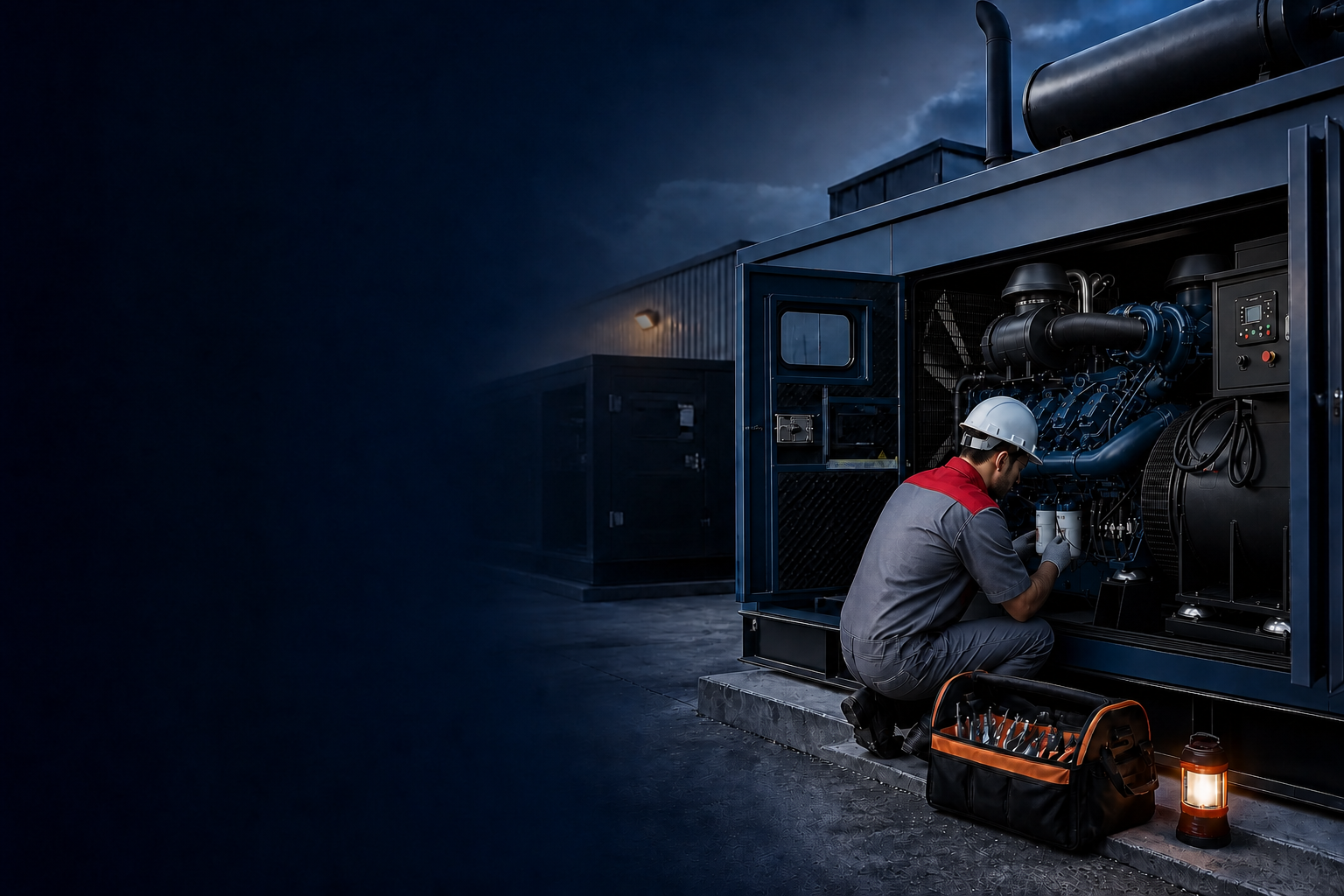 Technician operating an industrial generator in a production facility