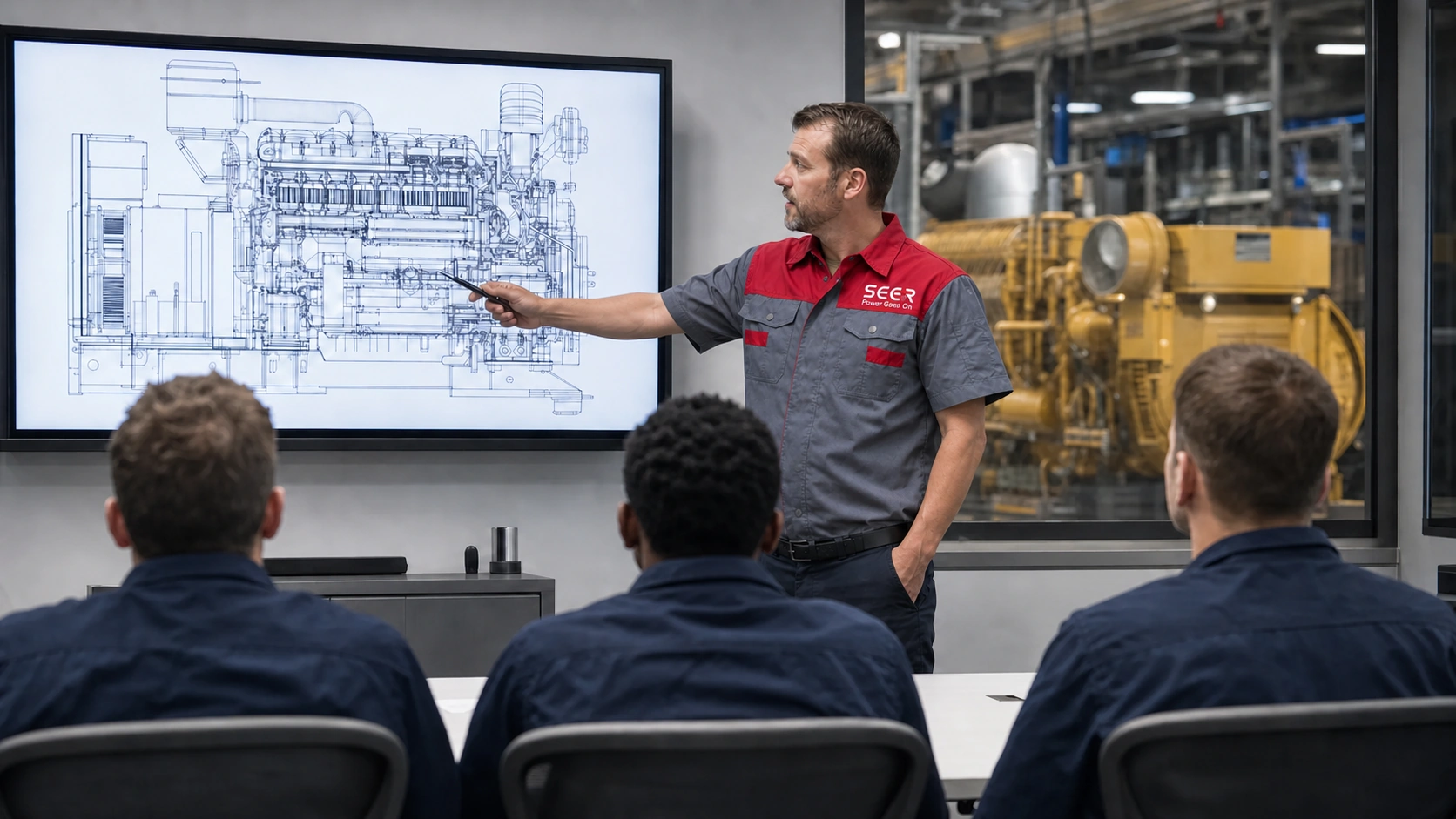 Engineer presenting a generator drawing to trainees in an industrial workshop