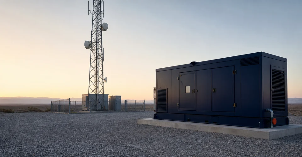 White sound-attenuated generator enclosure in a factory hall