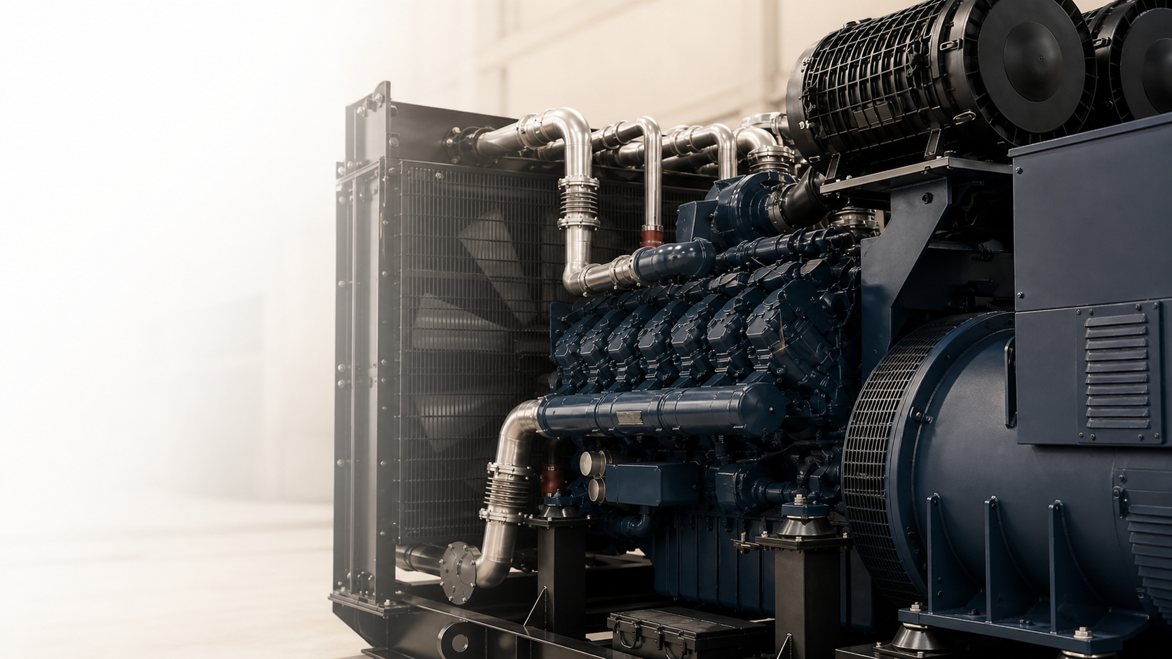 Deep-blue industrial diesel generator set showing the enclosure and radiator end