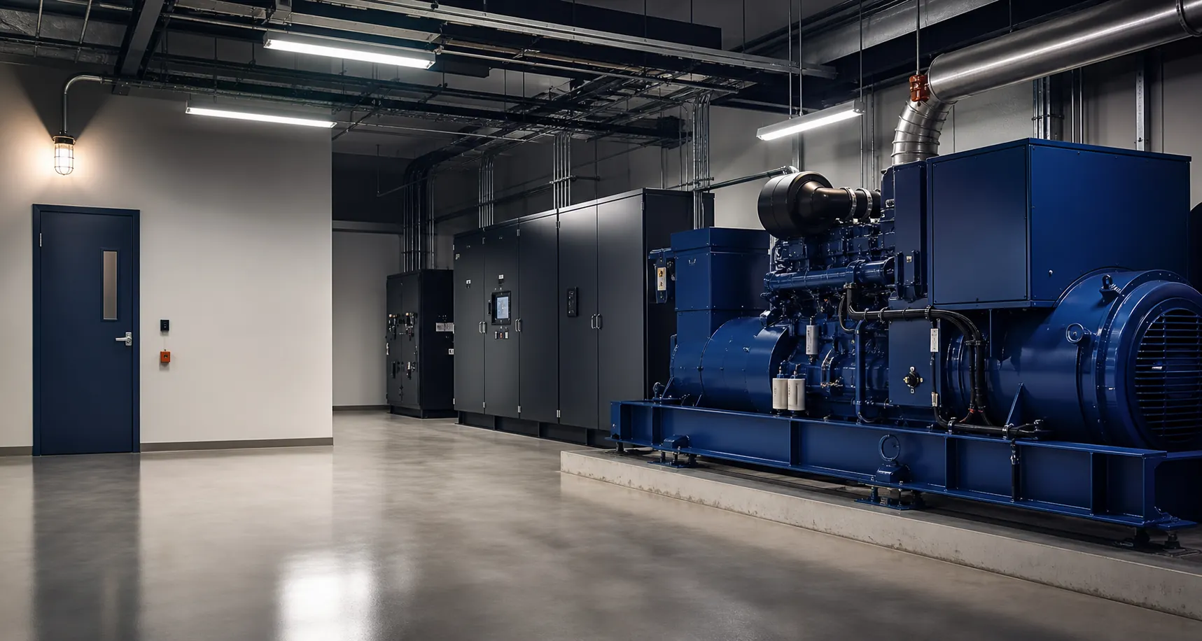 Two white sound-attenuated generator enclosures in a factory hall
