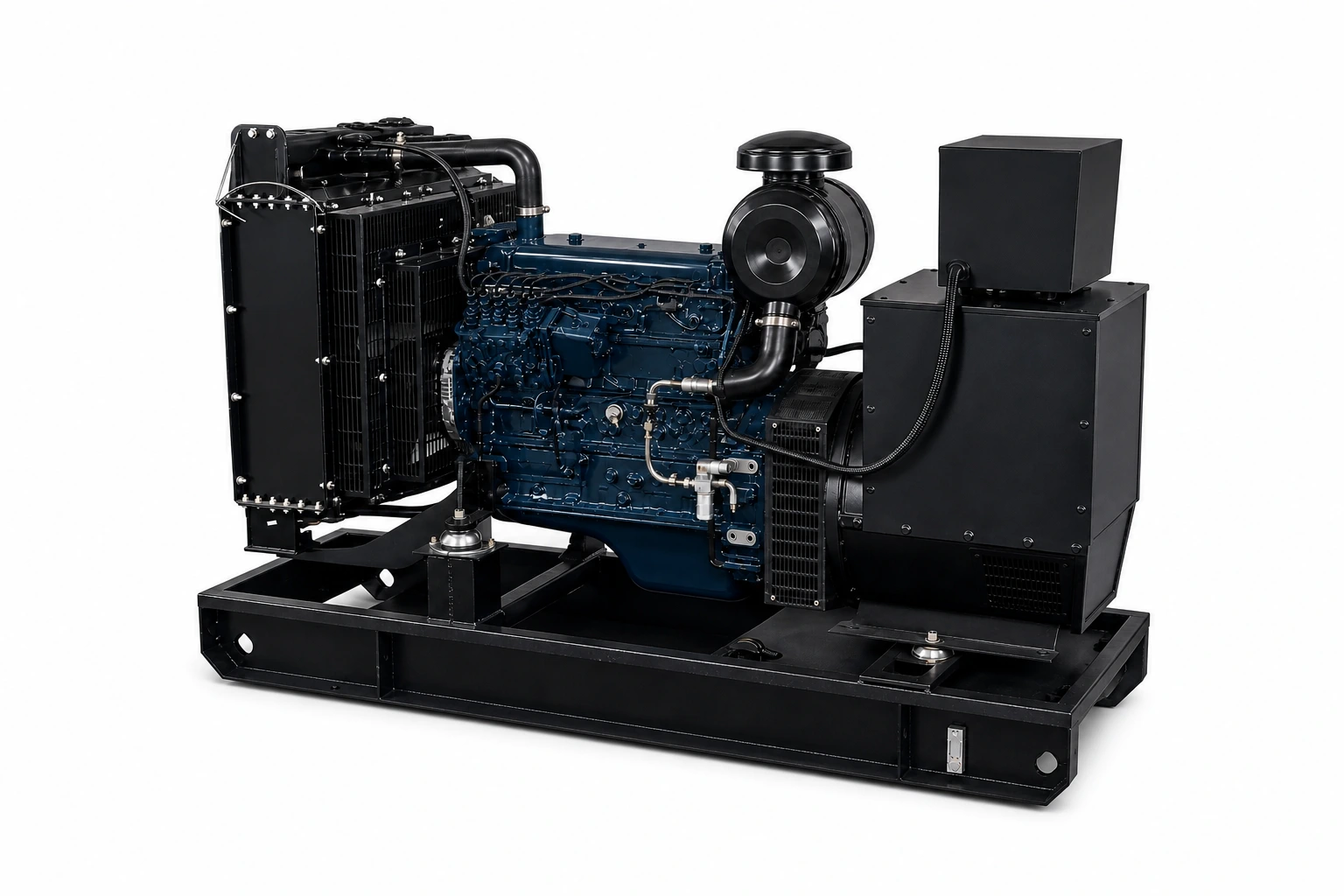 30–125 kVA open diesel generator set, three-quarter view